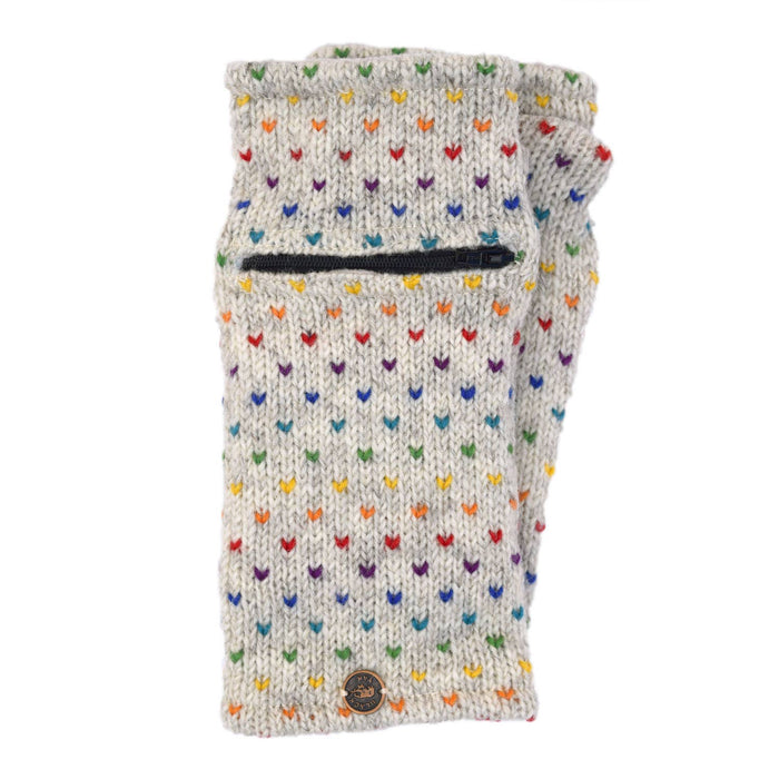 The Window, Milford Haven pale grey pure wool wrist-warmers with a rainbow tick pattern and a functional zip pocket.