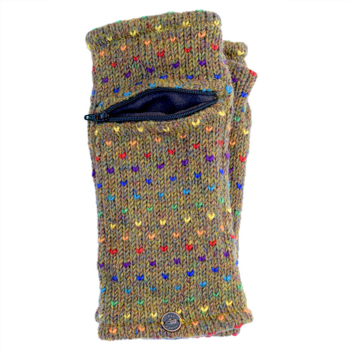 The Window, Milford Haven gold heather wool wrist-warmers with rainbow tick pattern and functional zip pocket.