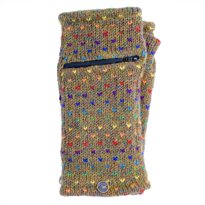 The Window, Milford Haven gold heather wool wrist-warmers with rainbow tick pattern and functional zip pocket