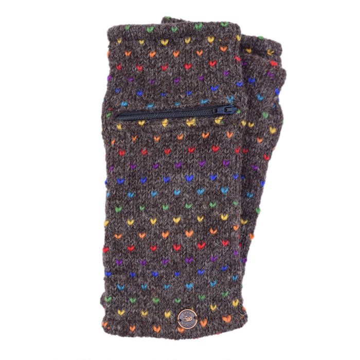The Window, Milford Haven dark marl brown wool wrist-warmers featuring a rainbow tick pattern and a small zip pocket.