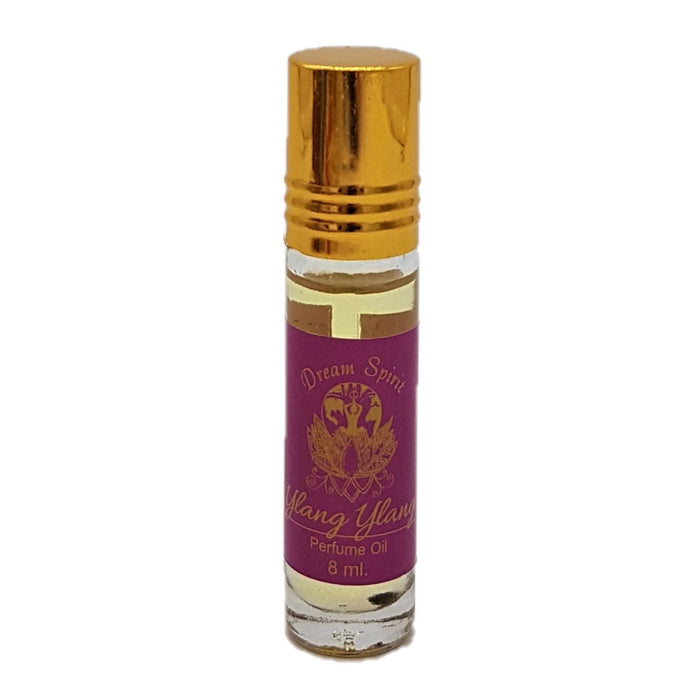 The Window, Milford Haven Dream Spirit Ylang Ylang roll-on perfume oil in a clear 8ml glass bottle with a gold cap.