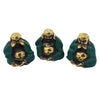 Set of three brass buddhas with green robes showing see no evil hear no evil speak no evil gestures
