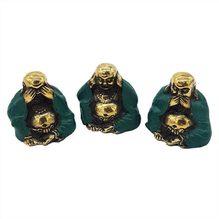 Set of three brass buddhas with green robes showing see no evil hear no evil speak no evil gestures