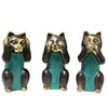 Set of three bronze brass cats with teal bases showing see no evil hear no evil speak no evil gestures