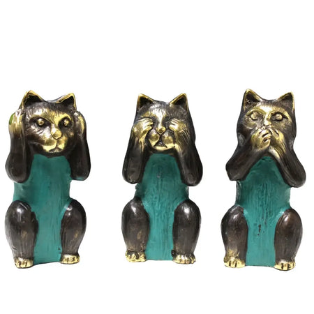 Set of three bronze brass cats with teal bases showing see no evil hear no evil speak no evil gestures