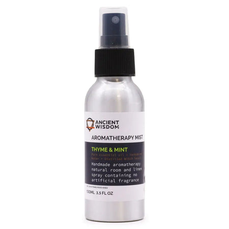 Silver aluminum spray bottle with black cap labeled ancient wisdom aromatherapy mist thyme essential oil diffuser blend witch hazel