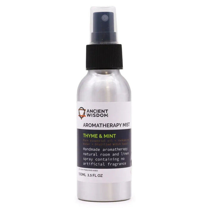 Silver aluminum spray bottle with black cap labeled ancient wisdom aromatherapy mist thyme essential oil diffuser blend witch hazel