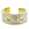 Gold-colored brass bracelet engraved with five buddha figures and tibetan mantra symbols for supporting meditation