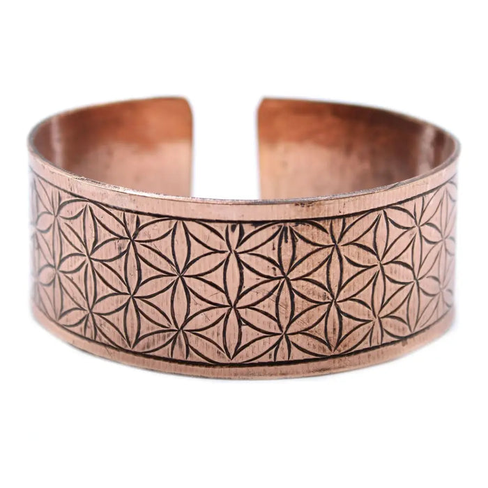 Copper Tibetan mantra cuff bracelet with an extra wide band and detailed flower of life engraving