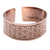 Copper cuff bracelet with extra wide band engraved with flower of life pattern from Tibetan mantra collection