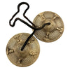 Golden brass tingsha cymbals with five buddhas embossed patterns and small figurines on a black leather strap