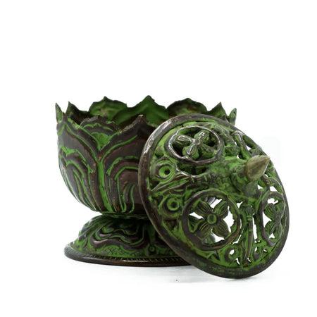 Tibetan verdigris brass incense burner small lotus with green and dark bronze finish and floral cutouts on the lid