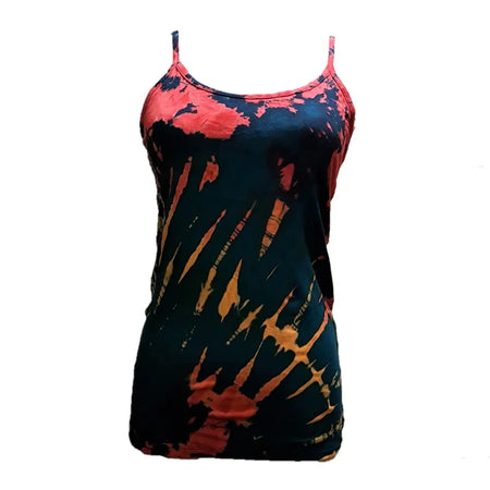A tie-dye spaghetti strap tank vest with bold red orange and black streaks on dark fabric made of soft material
