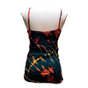 A dark teal tie-dye tank vest with spaghetti straps featuring bold red and orange splatter patterns on soft fabric