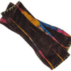 Dark brown velvet handwarmer gloves with vibrant yellow pink and blue stitched edges in an abstract tie-dye style