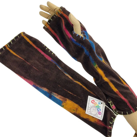 Brown velvet handwarmer gloves with fingerless design vibrant abstract rainbow stripes and yellow stitching