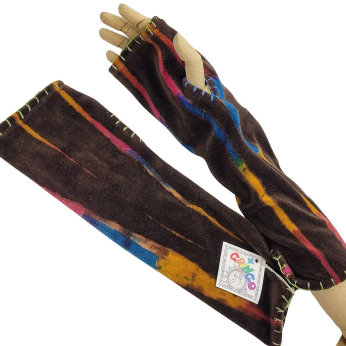 Brown velvet handwarmer gloves with fingerless design vibrant abstract rainbow stripes and yellow stitching