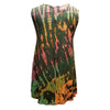 Tie-dyed sleeveless slit-back top with vibrant green orange pink and yellow pattern made of flowing fabric