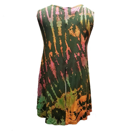 Tie-dyed sleeveless slit-back top with vibrant green orange pink and yellow pattern made of flowing fabric