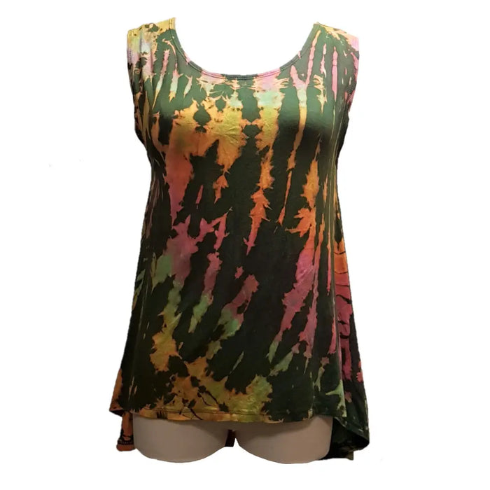 A tie-dyed sleeveless slit-back top in green orange and pink with a flowing asymmetrical hemline made of soft fabric