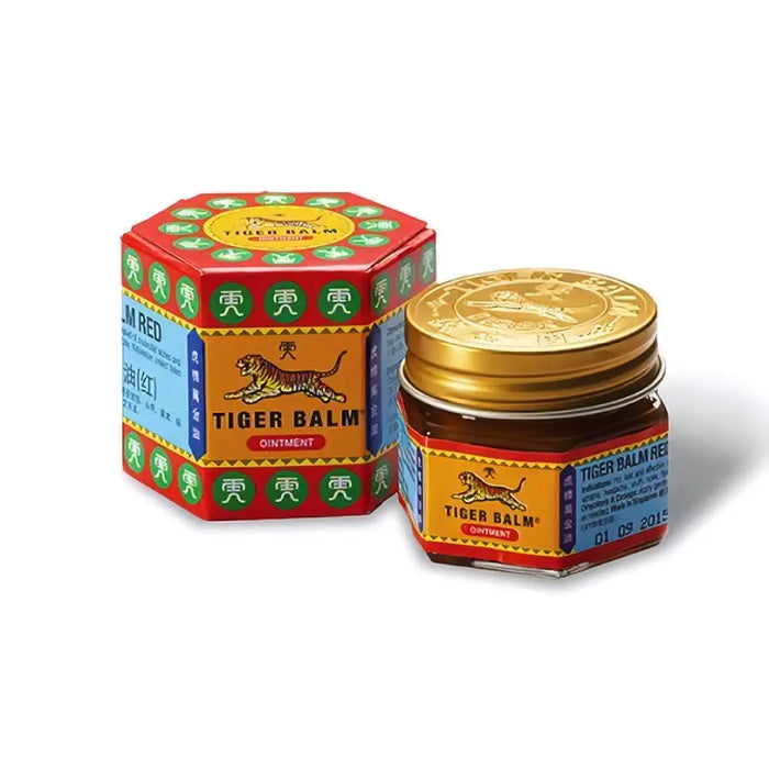 Tiger balm red large hexagonal box in red and gold with a golden lid featuring the tiger balm logo