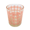 A clear glass tealight holder with a delicate peach tiled pattern etched across its surface