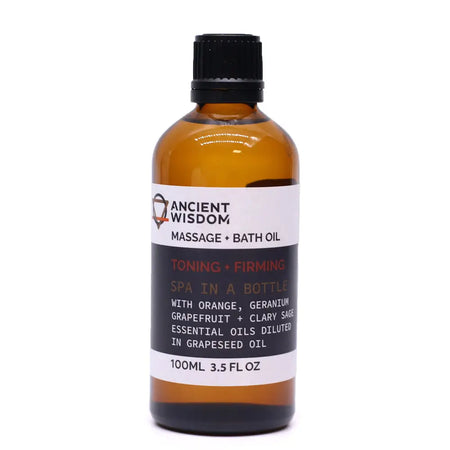 A 100ml amber glass bottle of toning and firming massage oil with essential oils in grapeseed oil and black cap