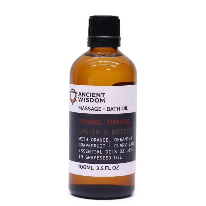 A 100ml amber glass bottle of toning and firming massage oil with essential oils in grapeseed oil and black cap