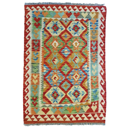Traditional Afghan flat-weave kilim rug with vibrant red green and blue geometric patterns made of 100% wool
