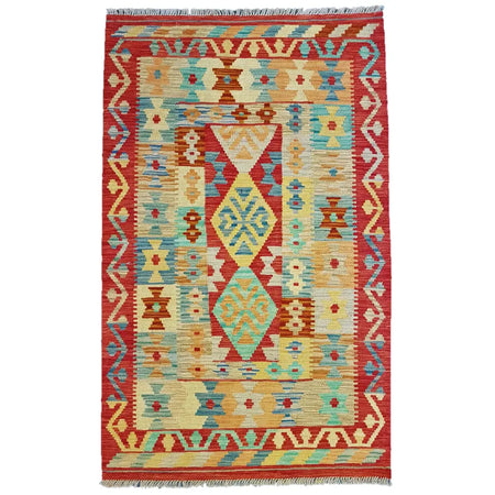 Traditional afghan flat-weave kilim rug with red and turquoise geometric pattern made of 100 percent wool and fringed edges