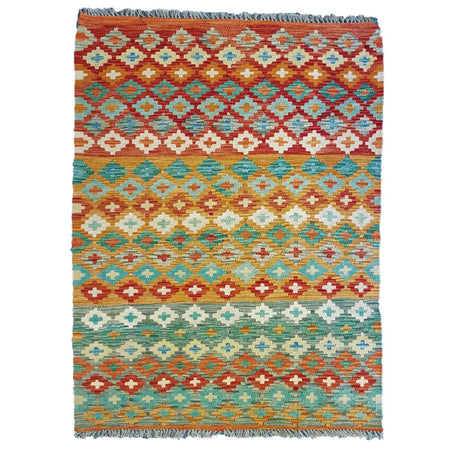 Traditional afghan flat-weave kilim rug in red teal orange and cream wool with vibrant geometric diamond pattern