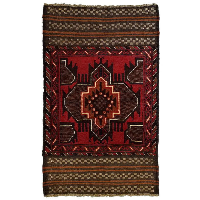 A traditional afghan mushwani rug with a red black geometric medallion and wool kilim-ended design