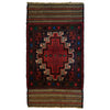 A traditional afghan mushwani rug with a deep red medallion and geometric black gold blue patterns in 100 wool