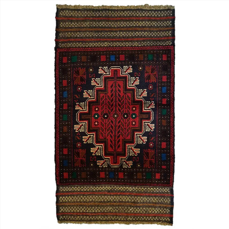 A traditional afghan mushwani rug with a deep red medallion and geometric black gold blue patterns in 100 wool