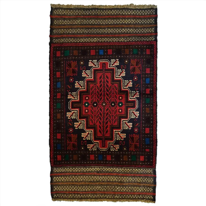A traditional afghan mushwani rug with a deep red medallion and geometric black gold blue patterns in 100 wool