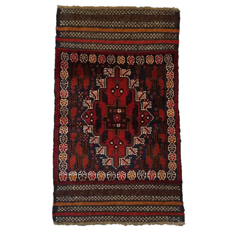 A traditional afghan mushwani rug with deep red geometric and floral patterns kilim-ended 100% wool