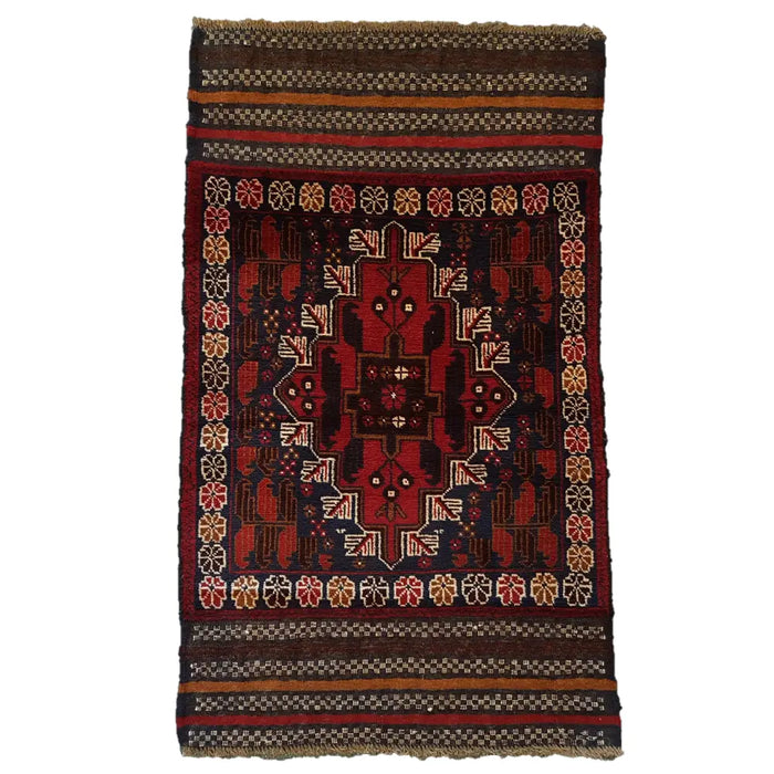 A traditional afghan mushwani rug with deep red geometric and floral patterns kilim-ended 100% wool