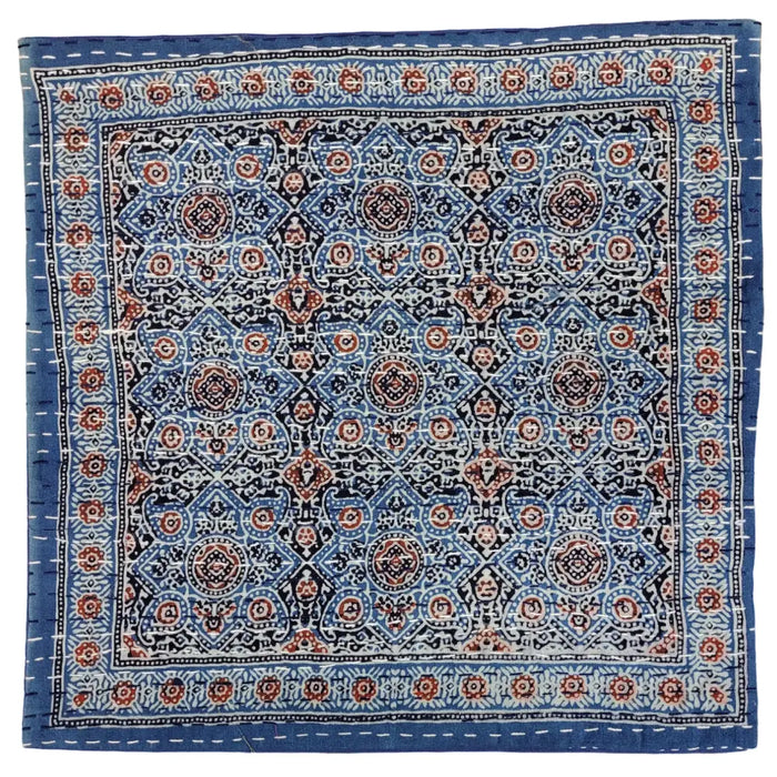 Traditional blue kantha cushion cover with intricate red black and white geometric and floral patterns for standard cushion