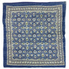 Traditional blue kantha cushion cover with intricate cream black and pale green geometric and floral patterns on standard cushion