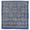 Traditional blue kantha cushion cover with red white black embroidered patterns on a standard cushion fabric square