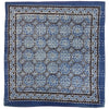 Blue and white patterned kantha cushion cover with geometric floral designs and black and white zigzag border for standard cushion