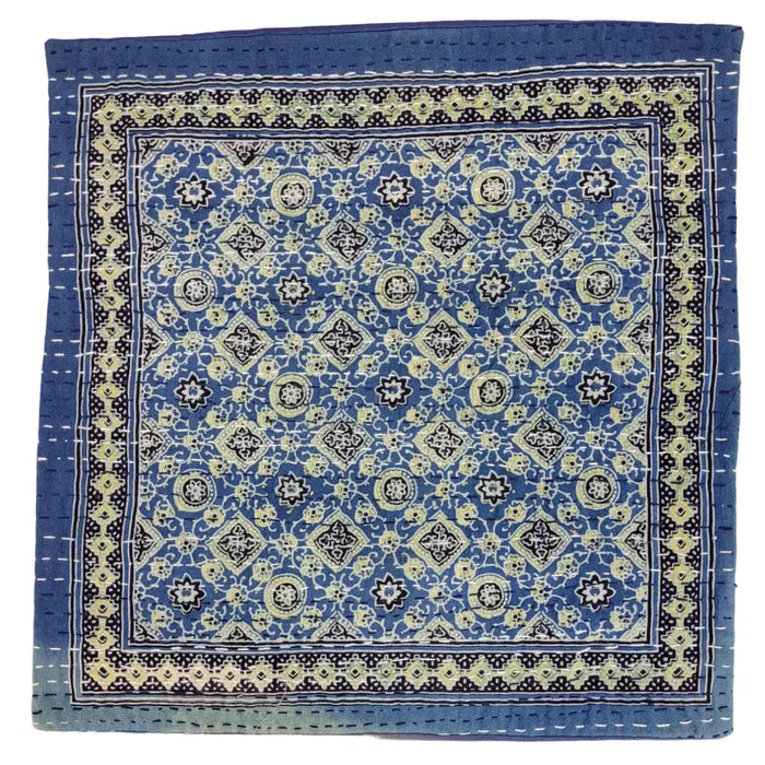 Blue square kantha cushion cover with intricate cream black and navy geometric and floral patterns for standard cushions
