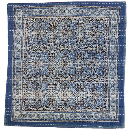 Blue and white patterned kantha cushion cover with intricate geometric designs for standard cushion use