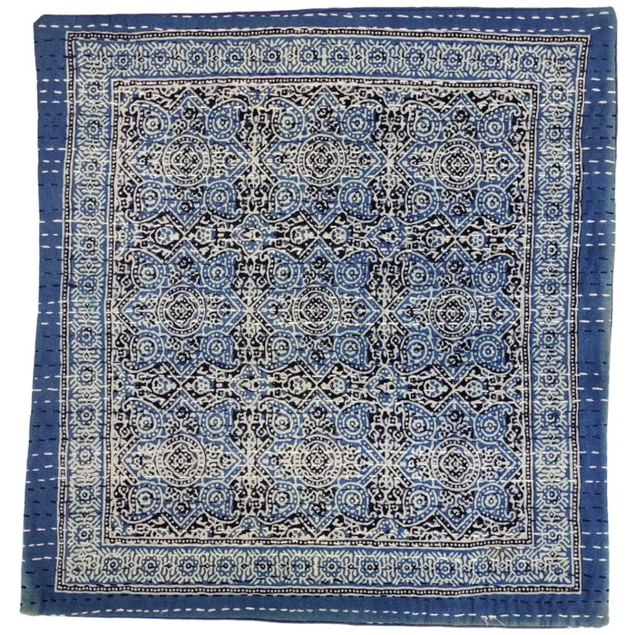 Blue and white patterned kantha cushion cover with intricate geometric designs for standard cushion use