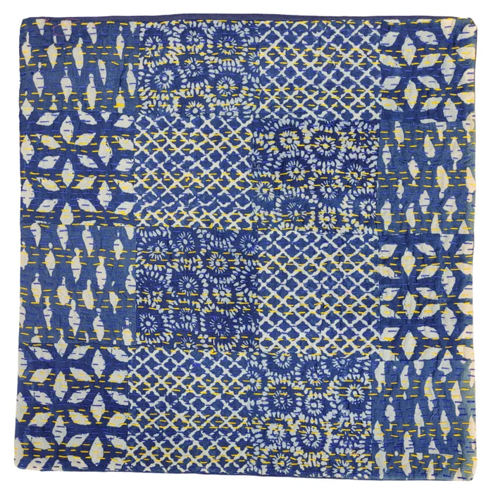 Traditional blue and white patchwork cushion cover with kantha stitching featuring geometric and floral patterns