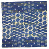 Traditional blue kantha patchwork cushion cover with white fabric, yellow stitching, sun motifs, and abstract patterns