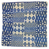 Traditional blue kantha patchwork cushion cover with blue and white fabric and yellow stitched geometric patterns