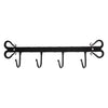 Black wrought iron coat rack with four hooks and ornate scrollwork ends in a traditional black finish iron coat rack design