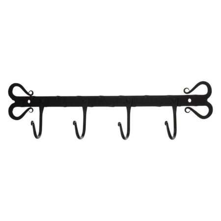 The Window, Milford Haven forged black metal wall hanger featuring four hooks and decorative heart-shaped ends.