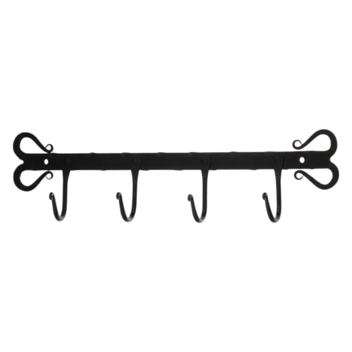 Black wrought iron coat rack with four hooks and ornate scrollwork ends in a traditional black finish iron coat rack design